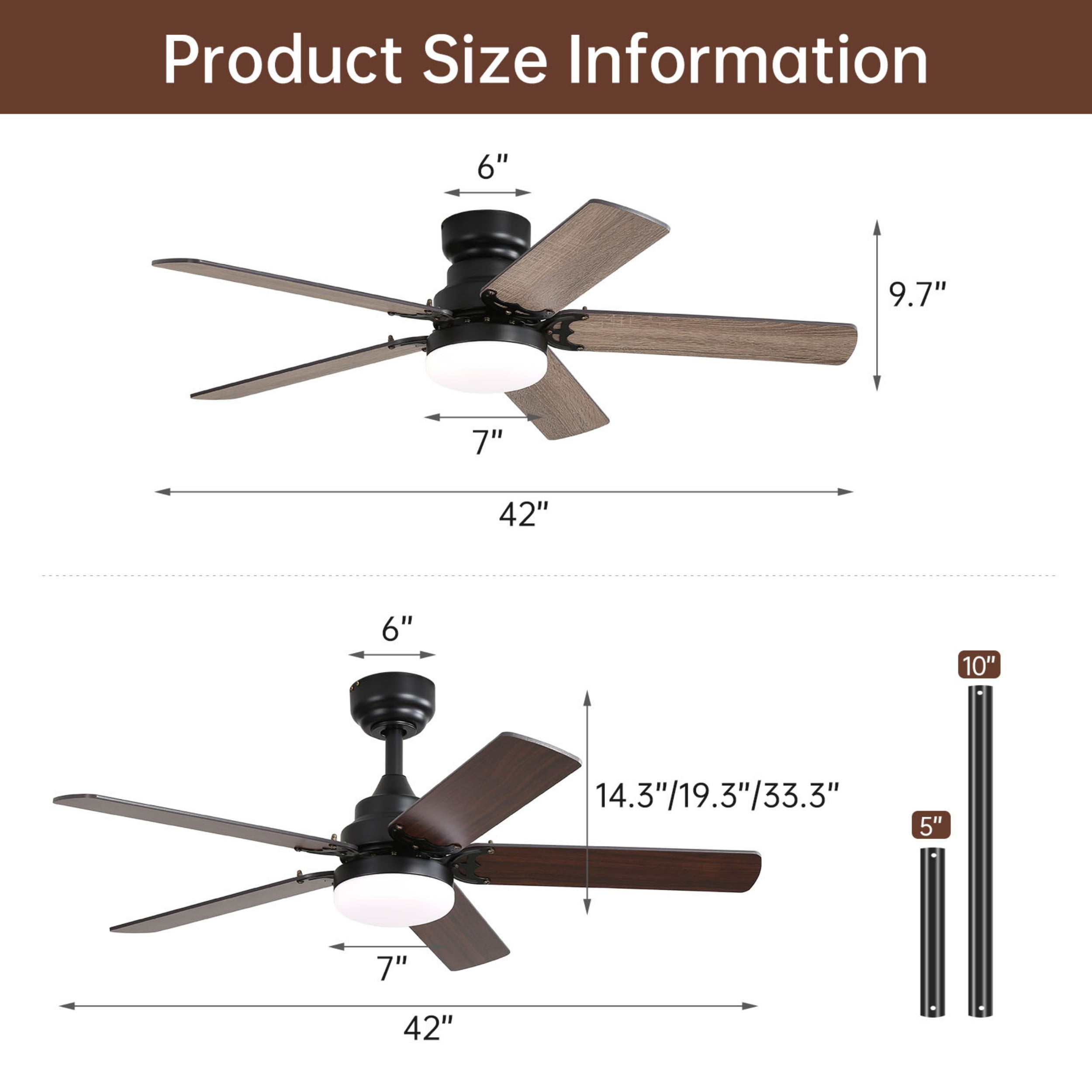 Sofucor 42 Inch Modern Ceiling Fan With LED Light 5 Blades Remote Control Reversible DC Motor Black For Bedroom
