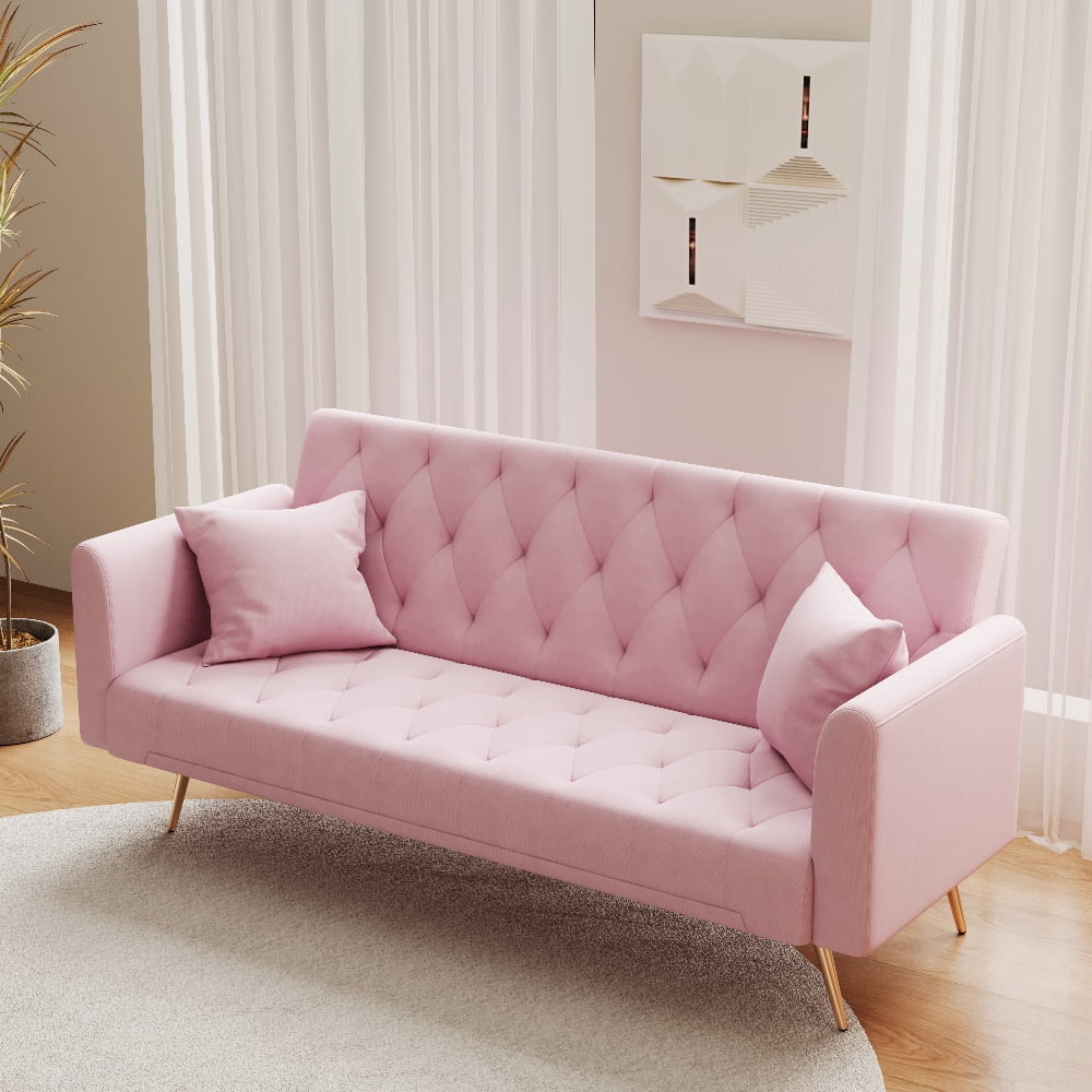 Oufan 71" American Convertible Sofa, Velvet Loveseat with Adjustable Backrest & Metal Legs, 2-Seater Couch for Living Room, Apartment, Pink