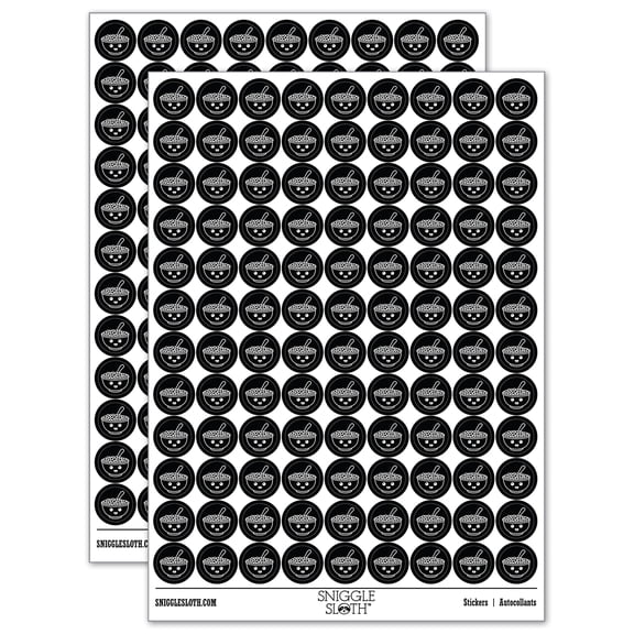 Kawaii Cute Bowl of Cereal 200 Round Stickers - Black - Gloss Finish - 0.50" Size