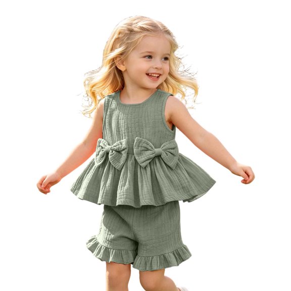 Outfits Sleeveless Bow Solid Vest T Shirt Tops Ruffles Shorts Girls Spring Clothes,Green,Size 3 -4 Years