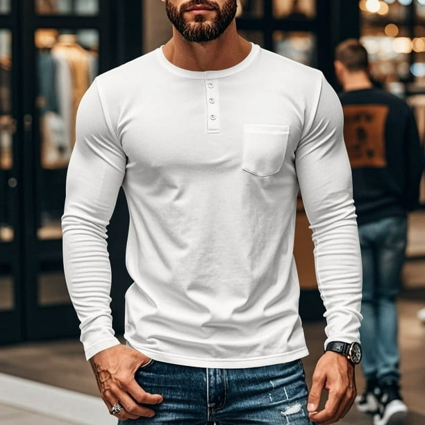 pstuiky camisas de hombre de manga larga, Camisas casuales de color liso con botones y bolsillos para hombre, de manga larga y cuello redondo top de hombre m