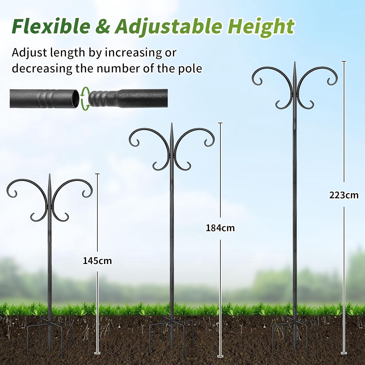 KOLAKO Bird Feeding Station, 223cm Heavy Duty Bird Feeder Pole with Squirrel Baffle,  Metal Shepherds Crook Hooks for Hanging Garden Lights Lanterns Plant Basket