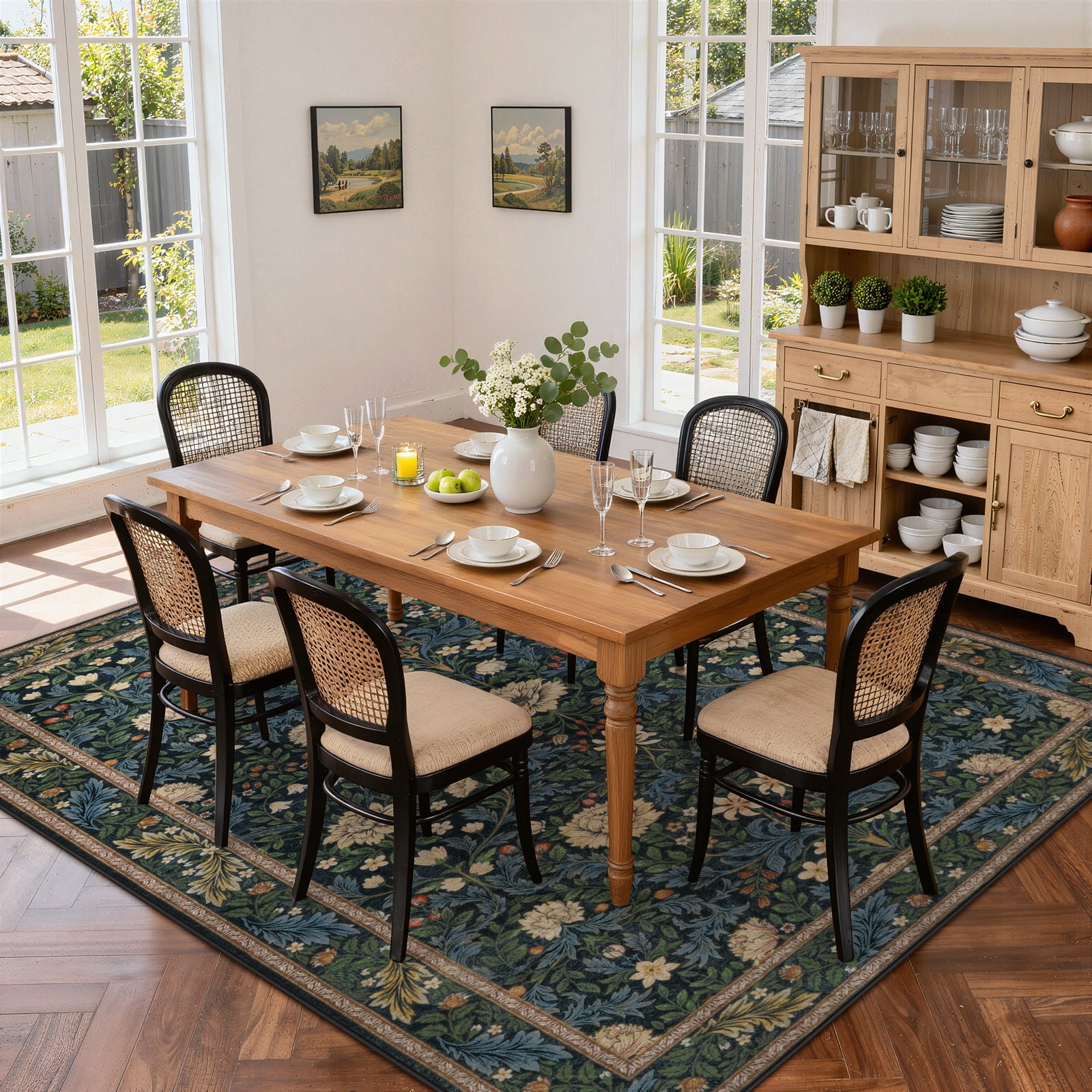 Lahome Non-Slip Washable 8x10 Area Rug, Boho Floral Vintage Low-Pile Carpet for Living Room Bedroom Dining Room and Office, Soft Indoor Mat in Dark Green/Black