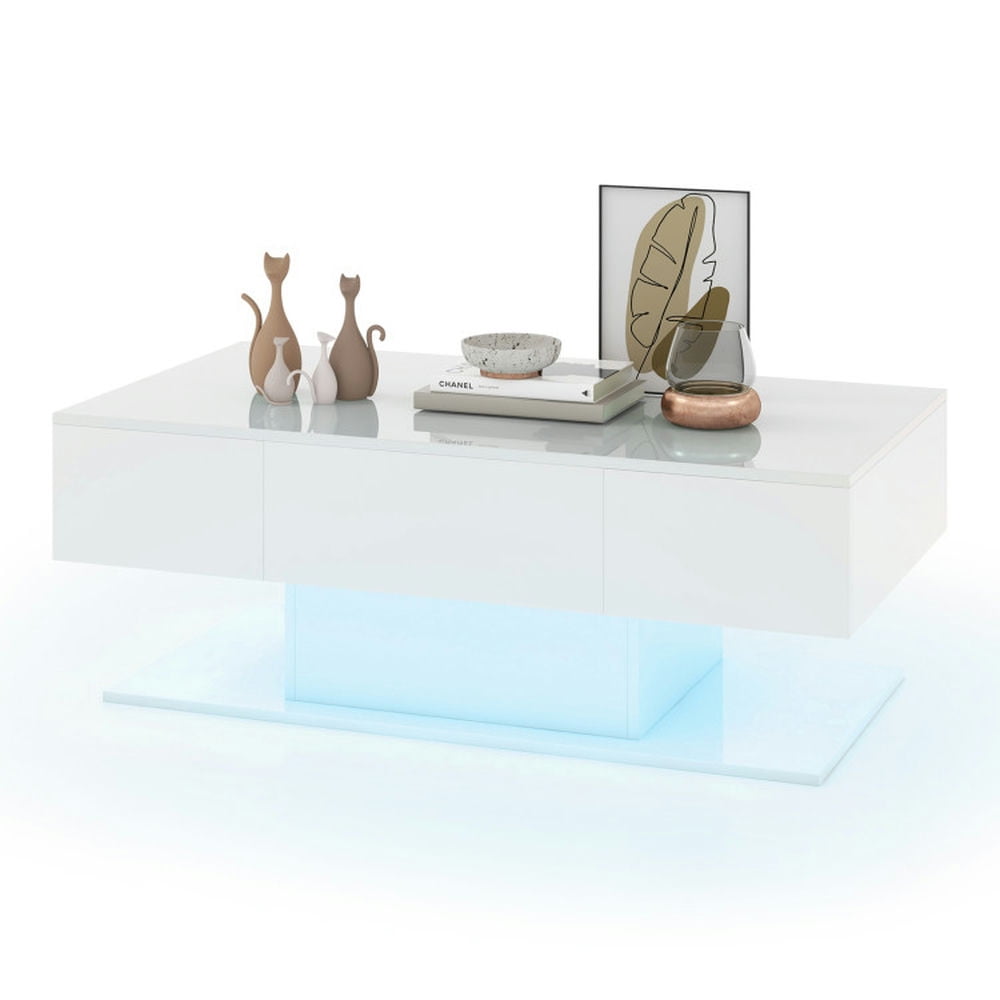 Finihen Coffee Table, LED Coffee Table, Modern LED Coffee Table with 20 Color LED Lights and 2 Storage Drawers, for Living Room, Reception Room, White Finihen Coffee Table, LED Coffee Table, Modern LED Coffee Table with 20 Color LED Lights and 2 Storage Drawers, for Living Room, Reception Room, White