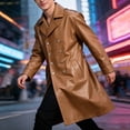 thumbnail image 2 of Busydd Men's Leather Jacket Fashion Double Breasted Buttons Long Sleeve Trench Coat Casual Solid Color Long Jackets 4XL, 2 of 9