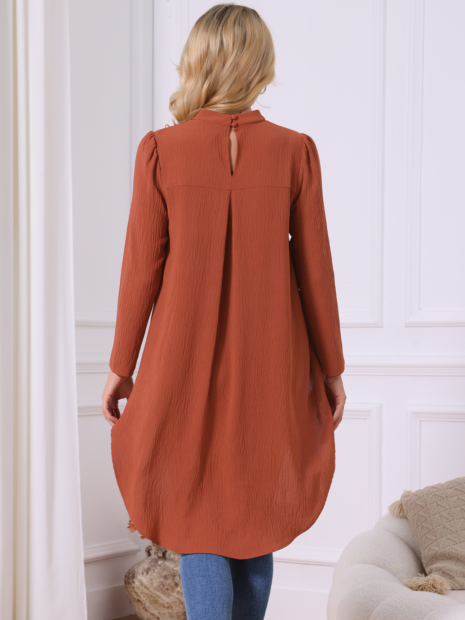 DARING DIVA Women's High Low Long Sleeve Asymmetrical Hem Casual Blouse L Brick Red