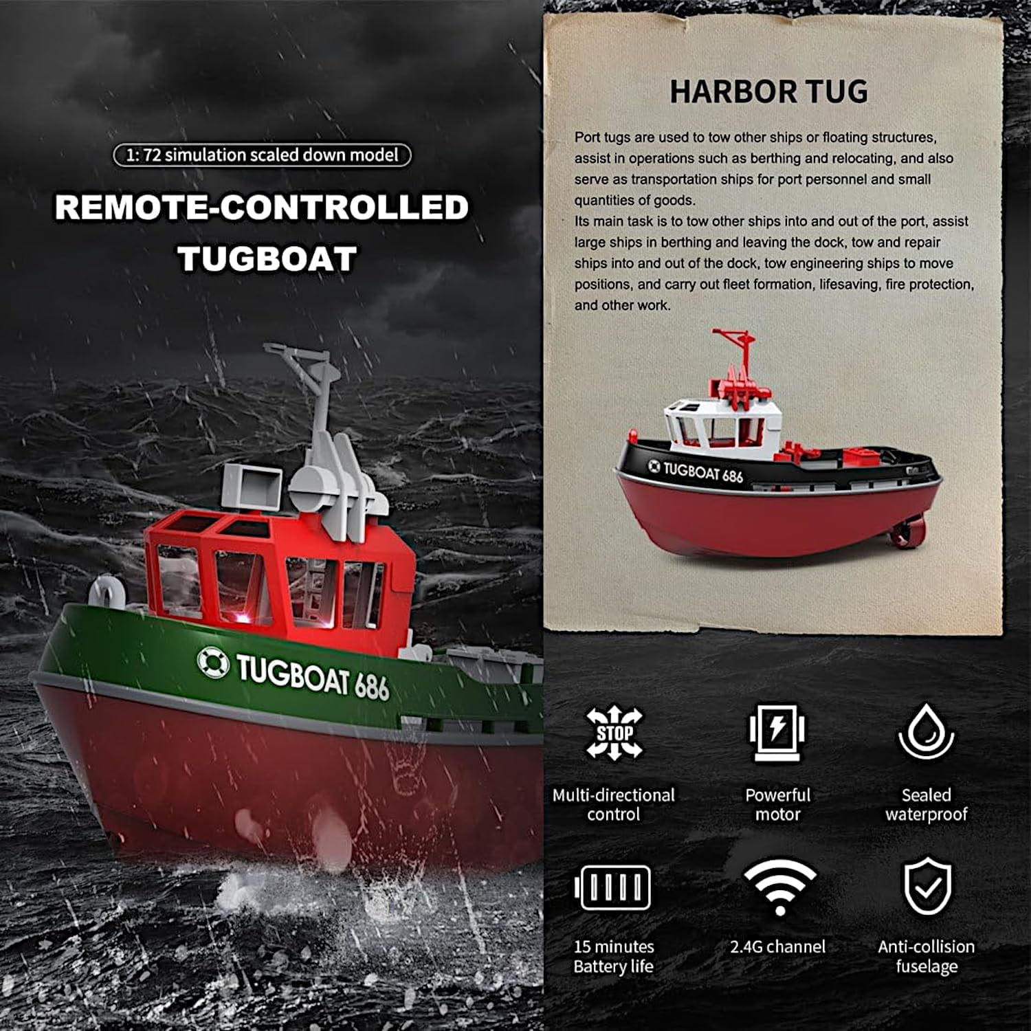 <new_title>POCO DIVO Cartoon Tugboat RC Boat Harbor Work Ship 2.4Ghz Radio Remote Control LED Night Sailing</new_title>