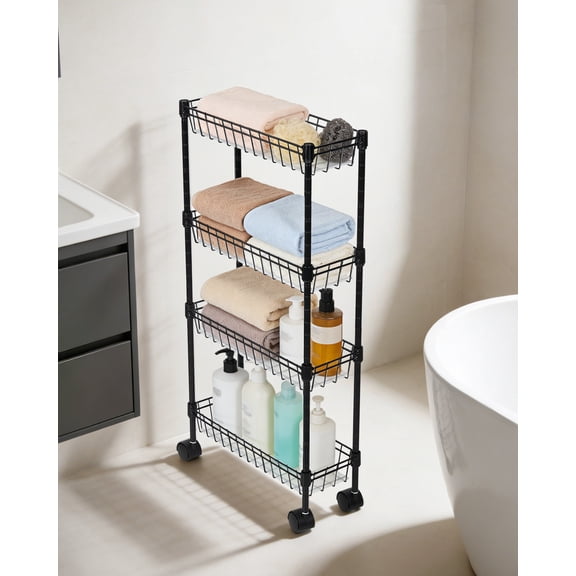 Towallmark 4 Tier Utility Rolling Cart, Metal Mobile Storage Cart with Wheels, Storage Shelves Organizer Cart for Livingroom, Bathroom, Kitchen, & Narrow Places, Black