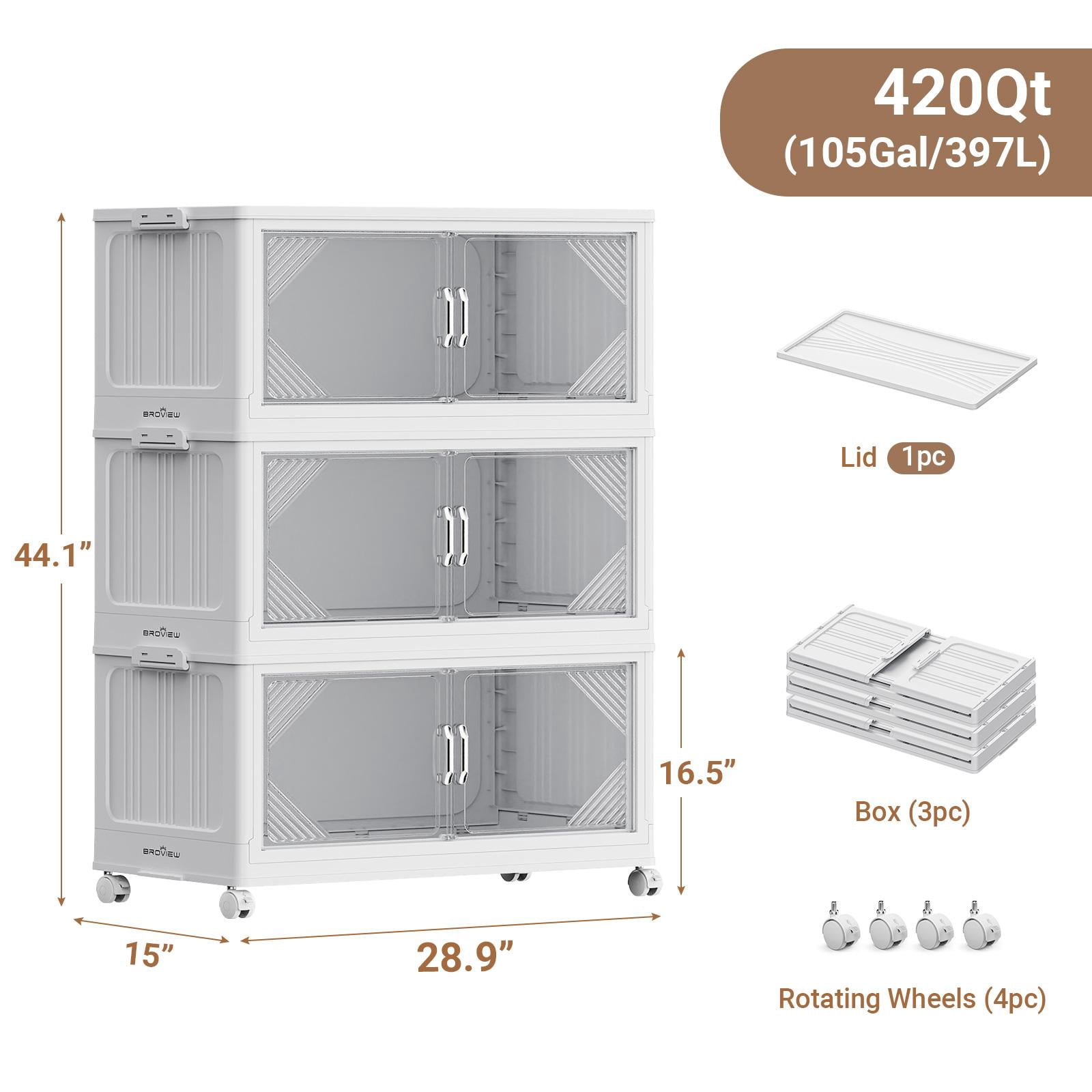 Broview 420QT Plastic Stackable Storage Bins with Lid, Extra Large Folding Closet Organizers, Storage Drawers with 4x Wheels, Collapsible Cabinets for Closet Clothes Organization, 3Pack White, V60