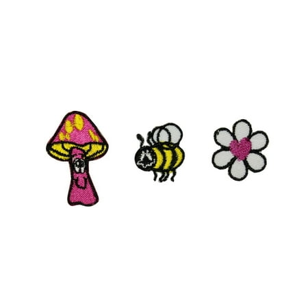 Bee Applique - Set of 3 Hippie Nature Patches Mushroom Bee Flower Embroidered Iron On Applique
