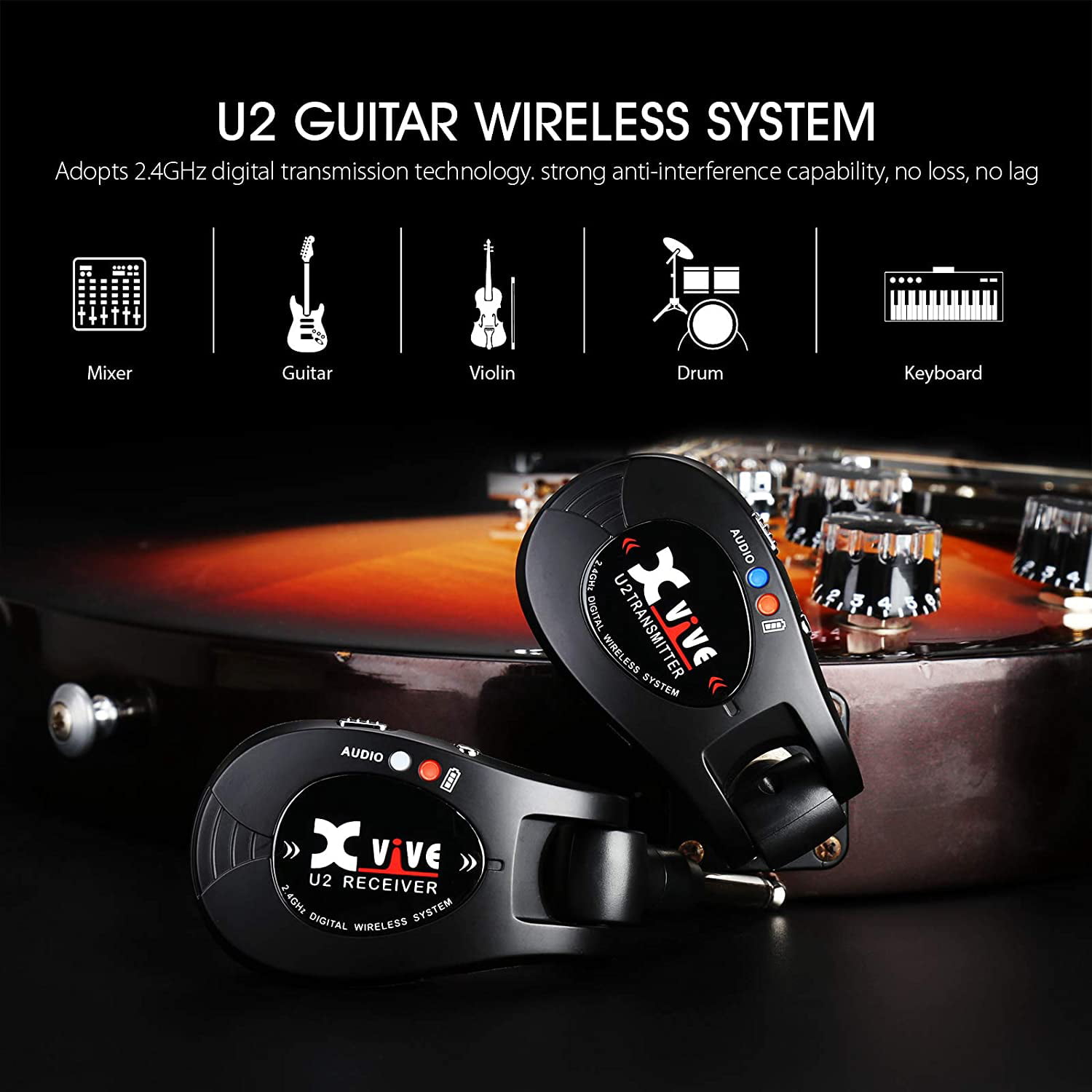 2.4GHz Guitar Transmitter and Receiver Anti-interference Wireless Guitar System 