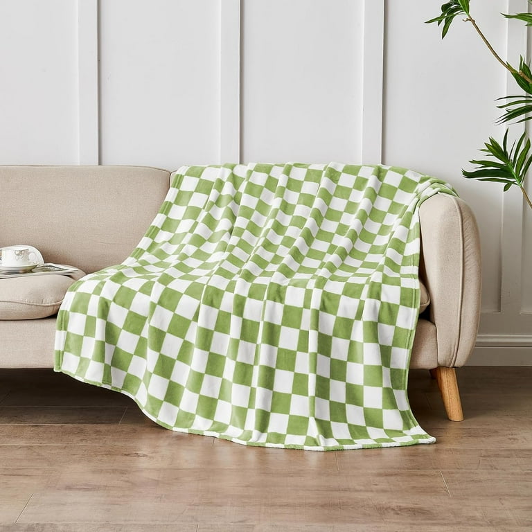Green Checkered Blanket, Ultra Soft Fleece Checkered Throw Blanket