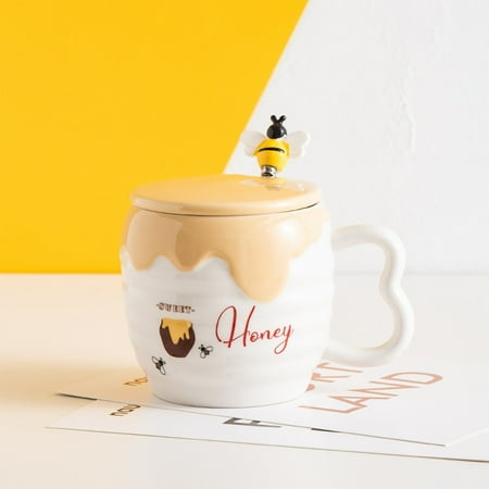

NIUREDLTD Creative Ceramic Cup With Cover Cartoon Cute Bee Mug Office Coffee Cup Practical Advertising Gift Cup