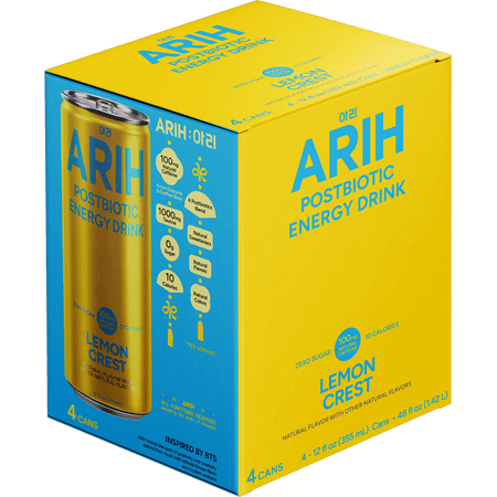 ARIH Postbiotic Energy Drink, Zero Sugar Clean Energy Drink with 100mg Natural Caffeine, Lemon Crest, 12 fl oz, 4 Pack
