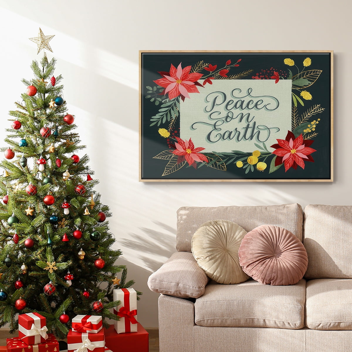 Bright Christmas Night II - Framed Gallery Wrapped Holiday Canvas - 25 x 37 - Natural Wood Frame