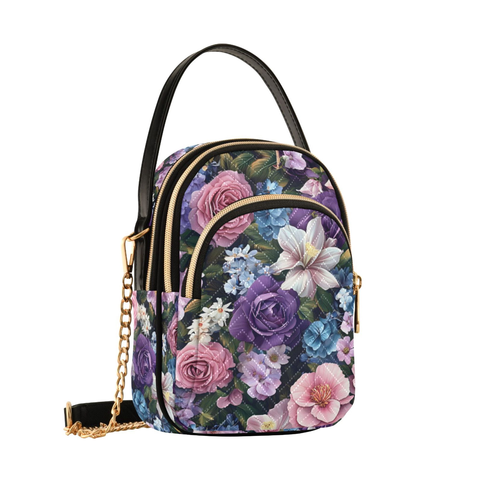 FORMRS Crossbody Bag for Women Quilted Travel Shoulder Cell Phone Purse with Chain Strap Handbag, Pink and Purple Flowers