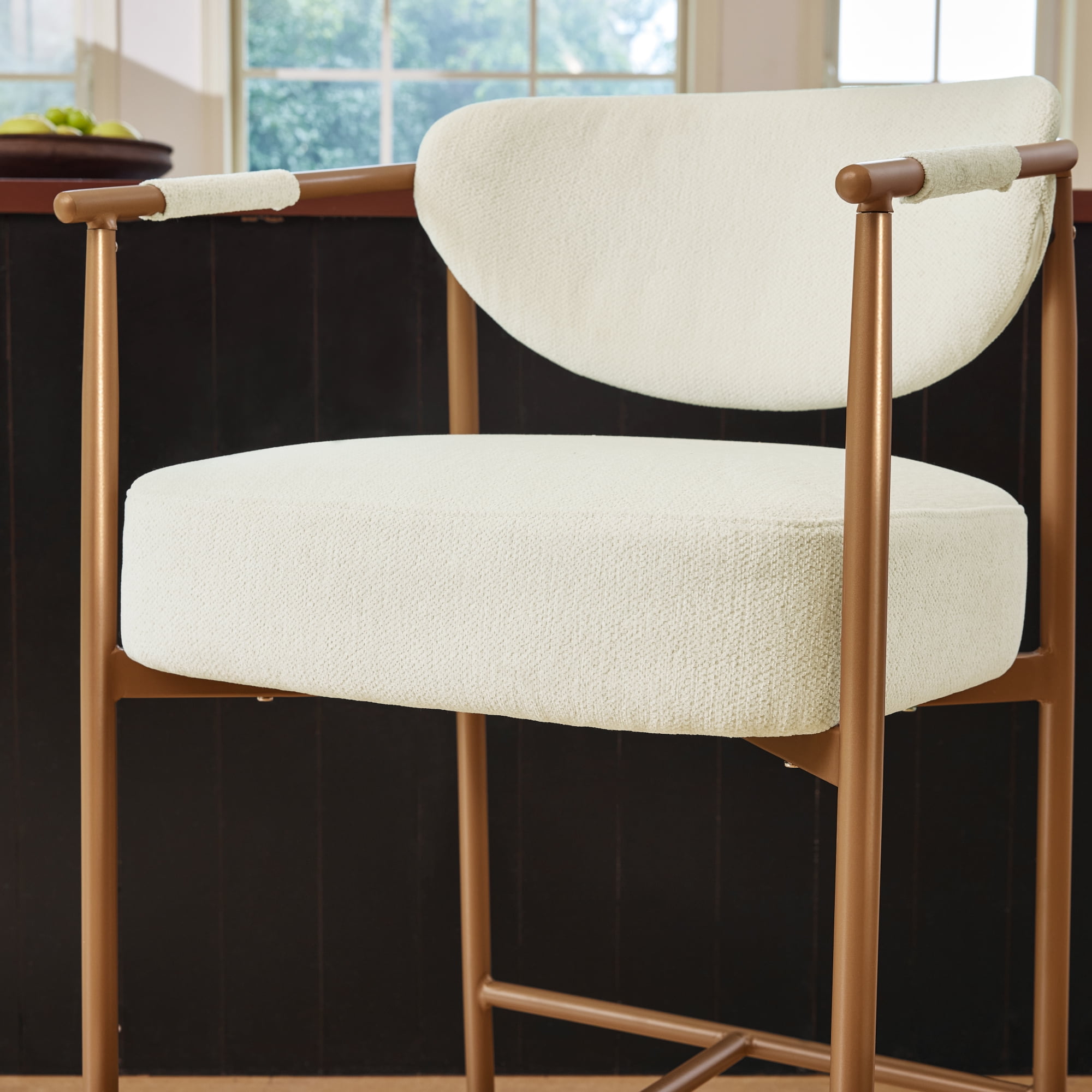 Spruce & Spring Modern Counter Bar Stool with Woven Strap Arms & Gold Metal Frame Set of 2, Ivory with Gold Frame