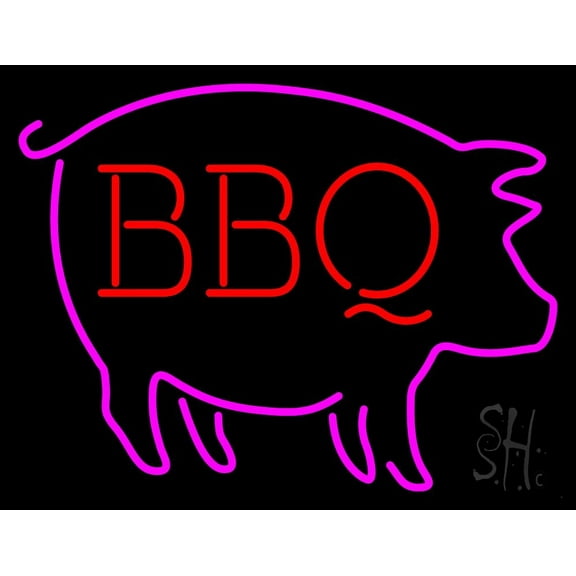 Pink Pig Red BBQ LED Neon Sign 24 x 31 - inches, Black Square Cut Acrylic Backing, with Dimmer - Bright and Premium built indoor LED Neon Sign for restaurant window and interior decor.