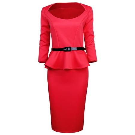 Belted Long Sleeve Belt - TAM WARE Women Classic Long Sleeve Belted Peplum Midi Dress