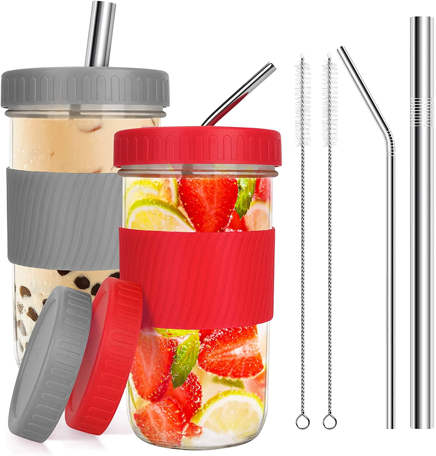 QKTYB Drinking Glasses Reusable Mason Jar Cups with 2 Lids and Straws Cleaning Brush Wide Mouth Bubble Tea Cup Travel Mug Glass Tumbler Mason Jar Sippy Cup for Boba Tea Smoothie Juices Jam Green