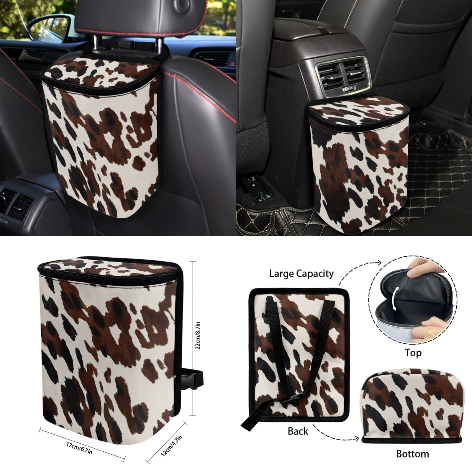 Xoenoiee Black Brown Cow Print 15 Pieces Car Seat Cover Set with Auto Steering Wheel Cover Seat Belt Strap Protector Cup Holder Trash Bag Air Vent Storage Pocket Rear View Mirror Protector Keychain
