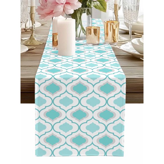 Table Runner Moroccan Pattern Table Runners Cyan Geometric Trellis Cotton Linen Dresser Scarf Kitchen Dining Table Decor for Home Dinner Party Decor 13x36 Inch