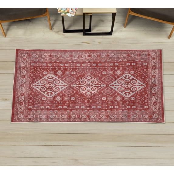 Ethnic Decorative Rug, Abstract Design Folkloric Shapes in Tribal Inspired Forms Flourish Motives, Quality Carpet for Bedroom Dorm and Living Room, 6 Sizes, Pale Maroon, by Ambesonne