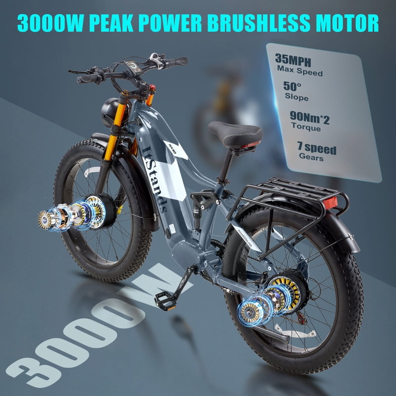 Dual Motors AWD 3000W Electric Bike for Adult 26'', UL2849 48V 30AH Removable Battery E-mountain bike 4.0 Fat Tire up to 35MPH&120Miles Long Range Off-road Ebike Beach Dual Hydraulic&Brakes E-Bicycle