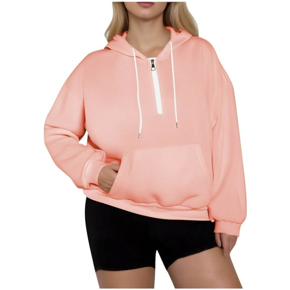 Wensltd Women's Oversized Hoodies Zip-Up Drop Shoulder Long Sleeve Sport Top Drawstring Plus Size Solid Color