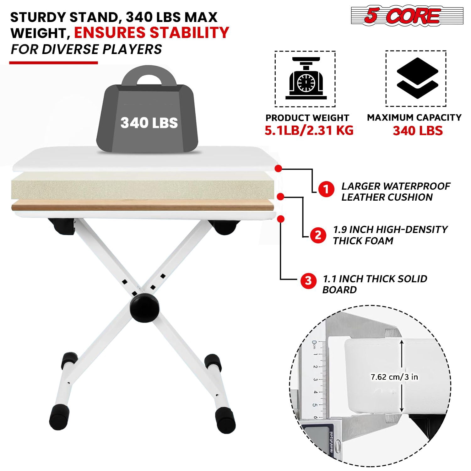 Keyboard Bench 3 Inch Padded Cushioned Piano Stool Height Adjustable Guitar Seat Heavy Duty Folding Portable Musician Chair W Nonslip Rubber Feet White - KBB WH HD