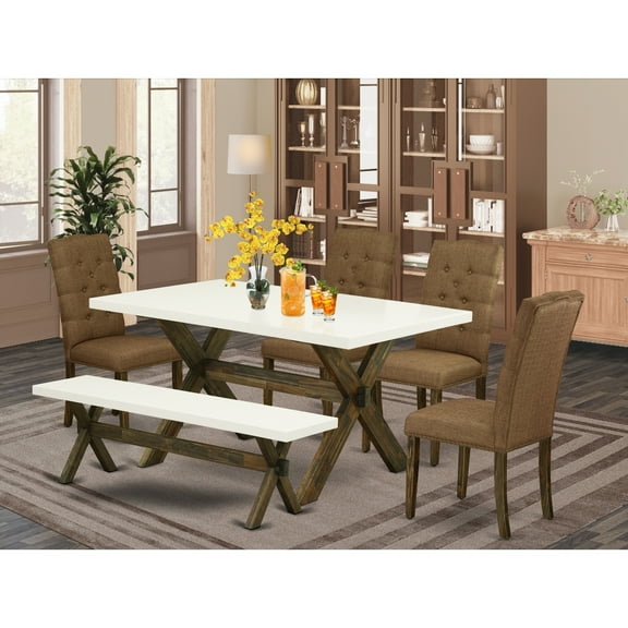 Mid Century Dining Set - 6 Piece TableChair Set with Bench - Modern Kitchen Dining Room Furniture