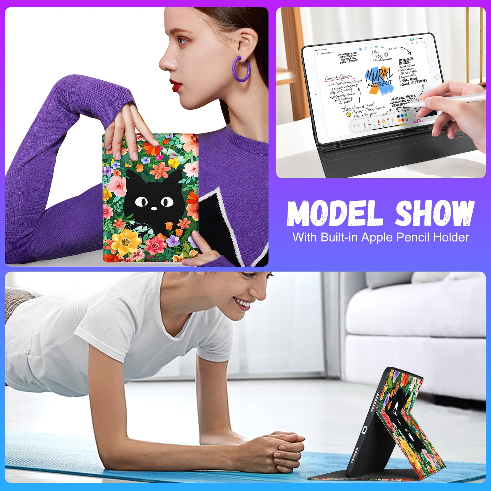Gemfits Case for iPad 7/8/9 - Flexible Soft TPU Stand Back Cover with Pencil Holder, Auto Sleep/Wake, Cat-Flower