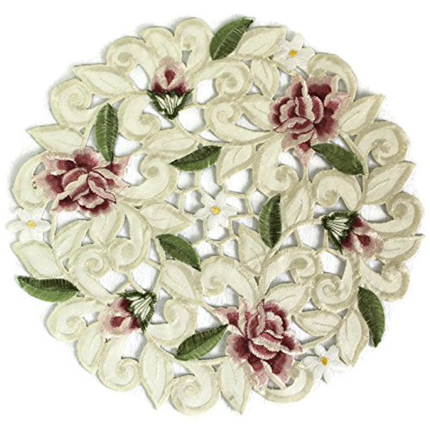 Doily Boutique Round Doily Embroidered with Light Pink Cut Work Roses