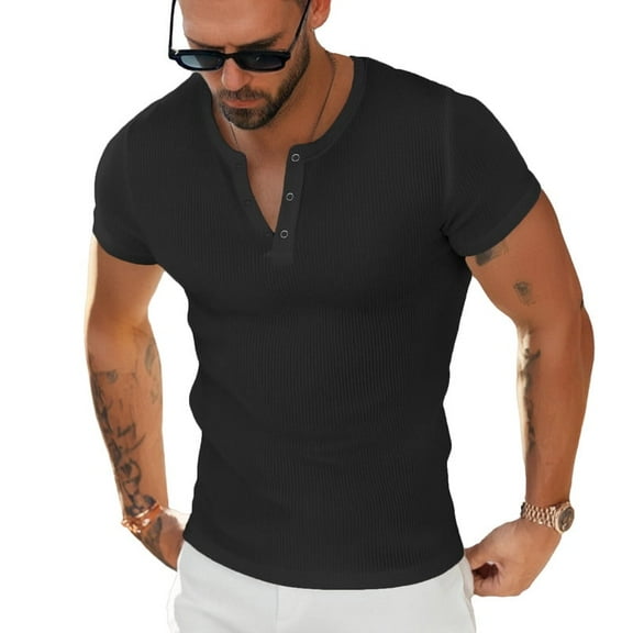Ambiloof Men's slim fit muscle skinny V-neck casual t-shirt short sleeve muscle henley t-shirt fashionable business topsBlack/S