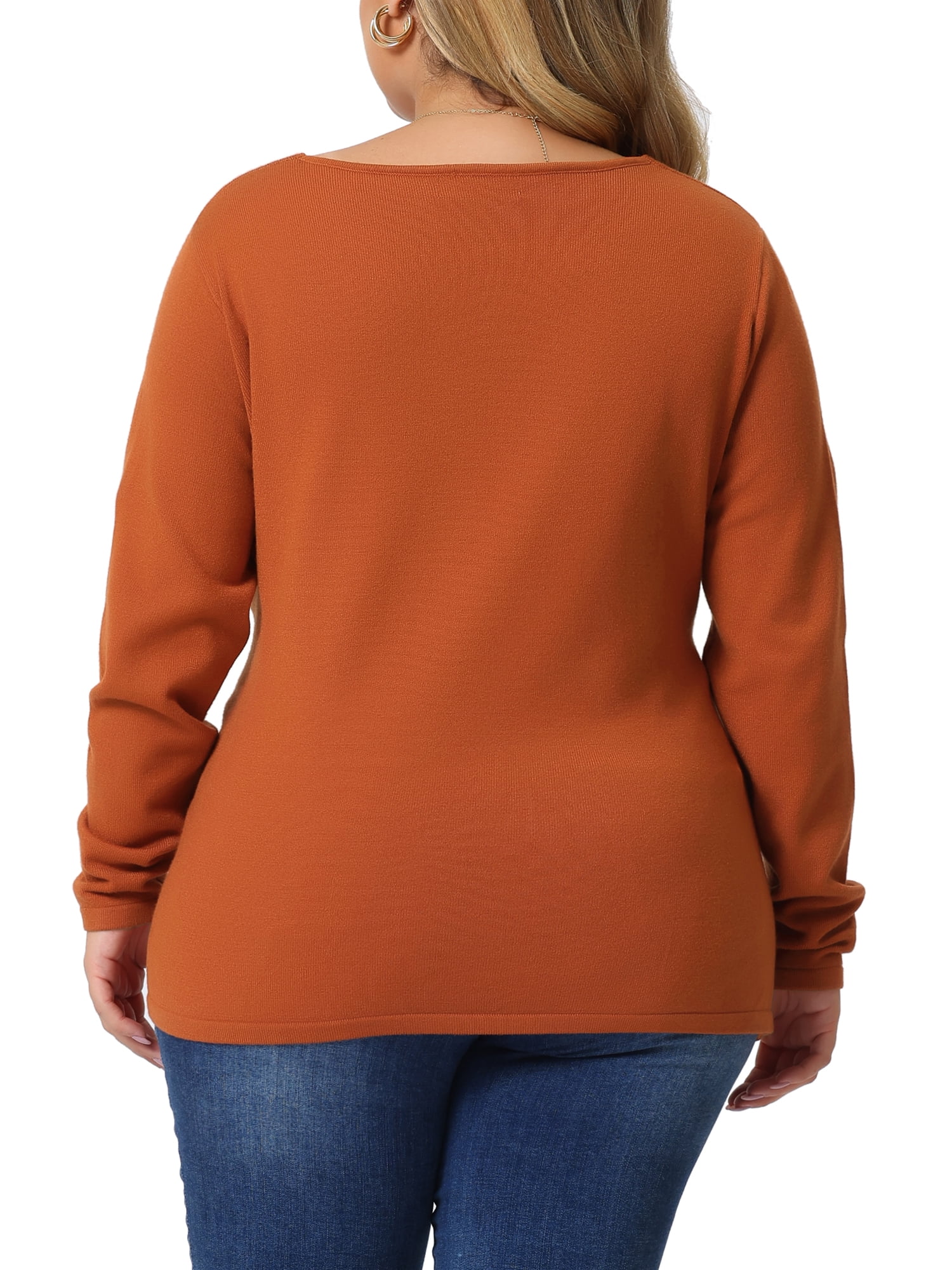 Unique Bargains Women's Plus Size Knitted Deep V Neck Wrap Criss Cross Cable Knit Sweater 4X Orange