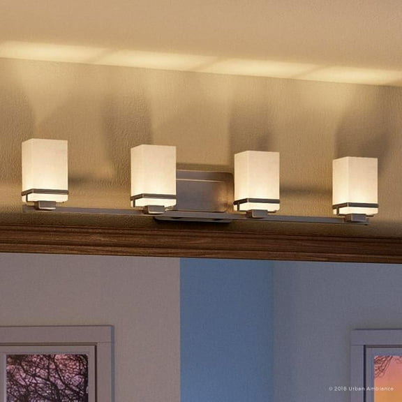 Urban Ambiance Luxury Modern Bath Fixture, Size: 6-1/2"H x 31-1/4"W, with Transitional Style Elements, Brushed Nickel Finish and Etched/Painted White Inside Shade, UHP2604