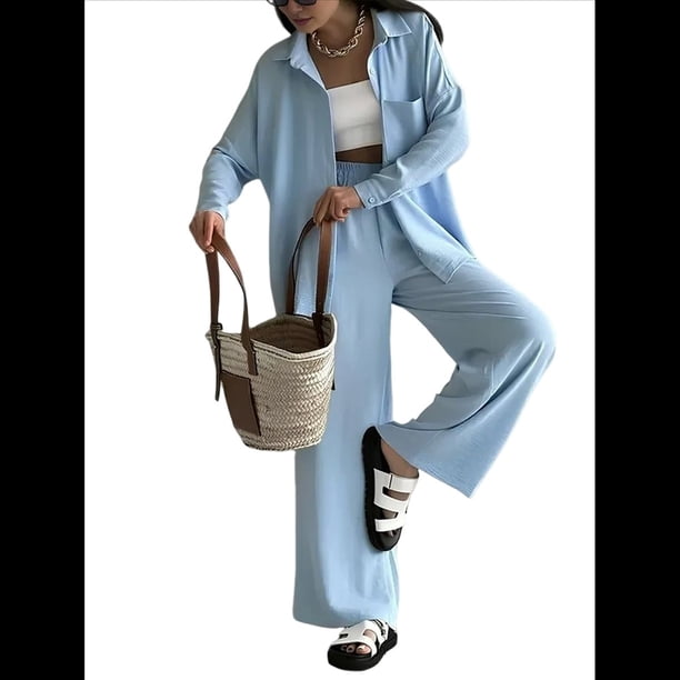 Conjuntos Casuales de Salón para Mujer, Camisas de Larga con Botones y Pantalones de Pierna , Conjuntos de Chándal Azul L