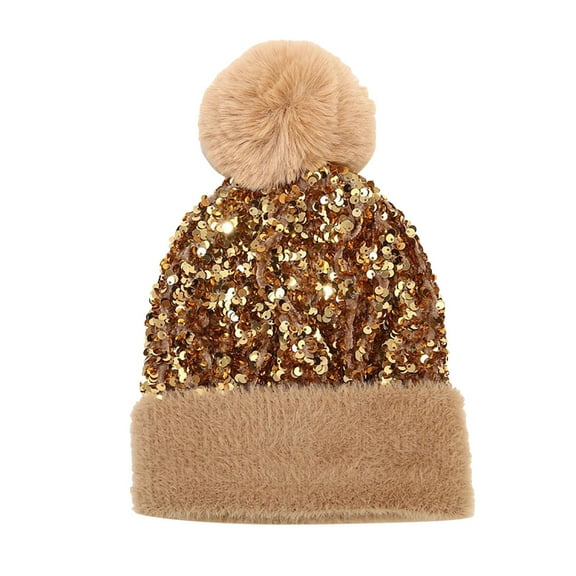 Riforla Women Sequin Hat Warm Solid Knit Hat Removable Hairball Wool Hat Bomber Hats Khaki M