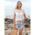 thumbnail image 5 of Women Tassel Knitted Crochet Mesh Crop Top Sexy- Short Sleeve Fishnet Top See Through Cover Up Cream White M, 5 of 7