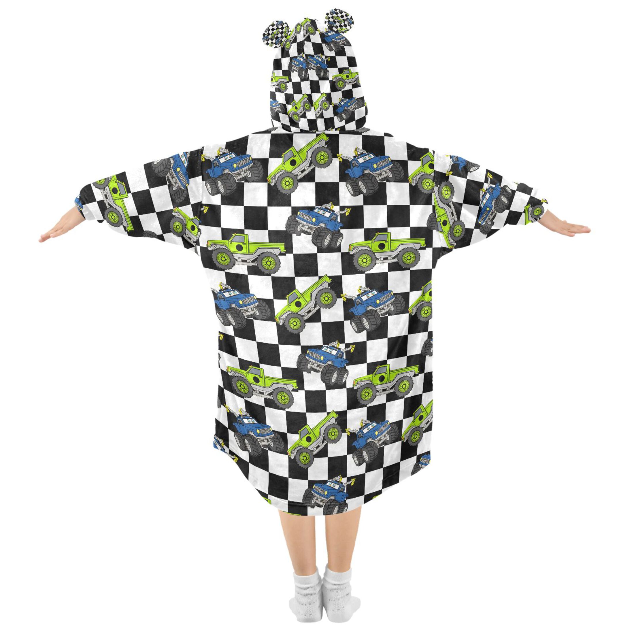 joogoo Wearable Blanket Hoodie for Cartoon Vehicle Car Checkered Flannel Sherpa Pocket 3-14 YR S