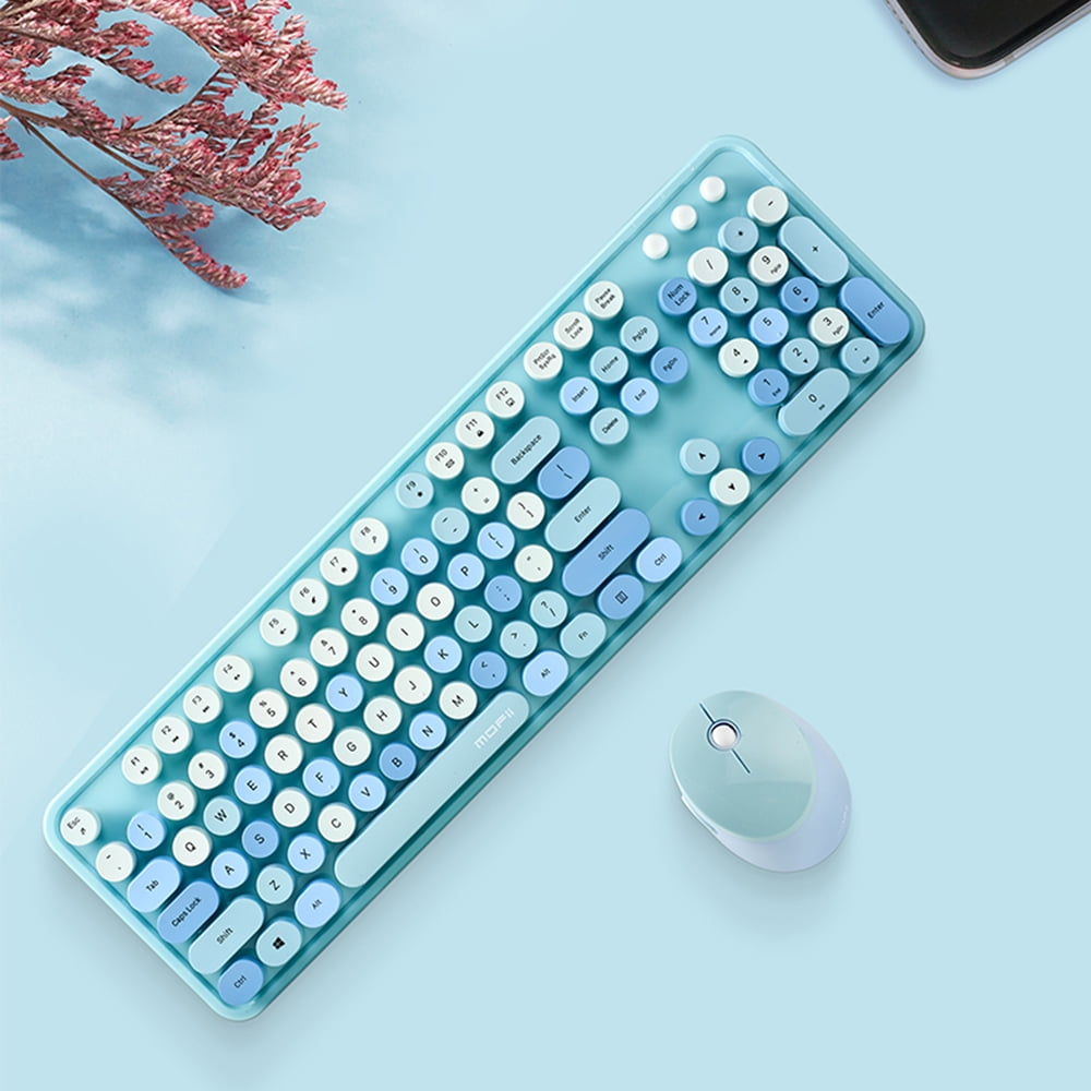 Mofii Sweet Keyboard Mouse Combo, Colored Cute Keyboard,2.4G Wireless Keyboard Set Circular Suspension Key for PC Laptop Blue