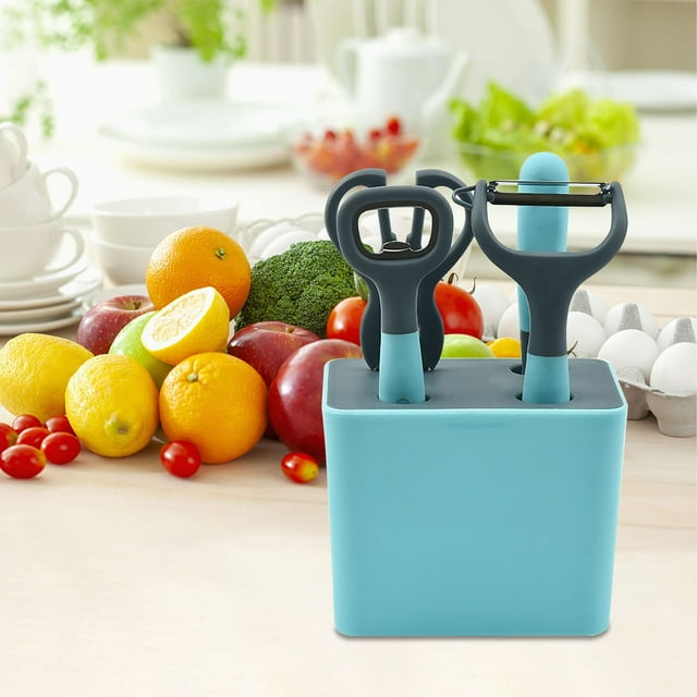 Juego de cuchillos para frutas de acero inoxidable | El juego de utensilios de cocina de 5 piezas incluye: tijeras, pelador, abridor de botellas, cubo de almacenamiento | Ergonómico apto para