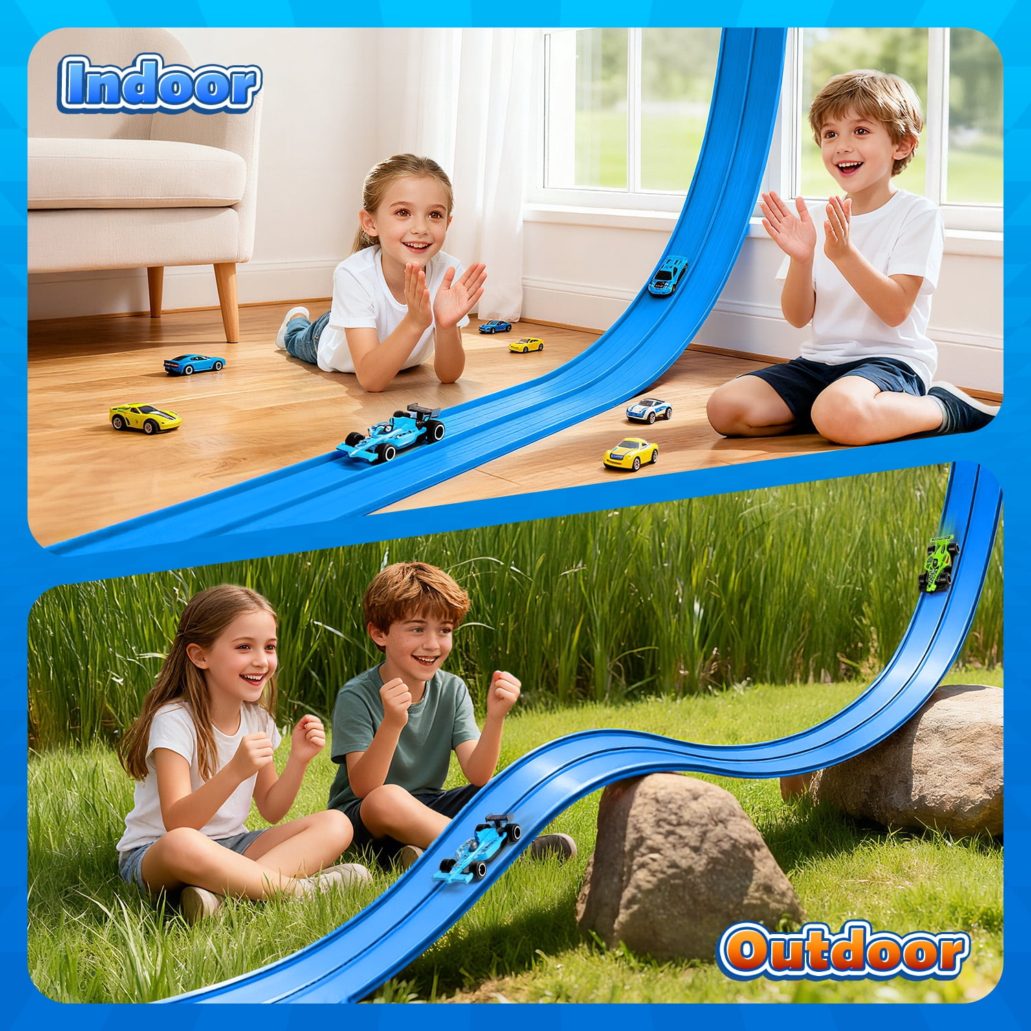 Beefunni Flexible Race Track for Kids, Bendable Track with Suction Cups, Portable & Foldable Indoor/Outdoor Toy, Compatible with Most 1:64 Toy Cars, Creative Gift for Boys & Girls (Blue)