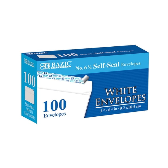 BAZIC Self Seal White Envelope 3 5/8" x 6 1/2" #6 Mailing Envelopes, 100-Count