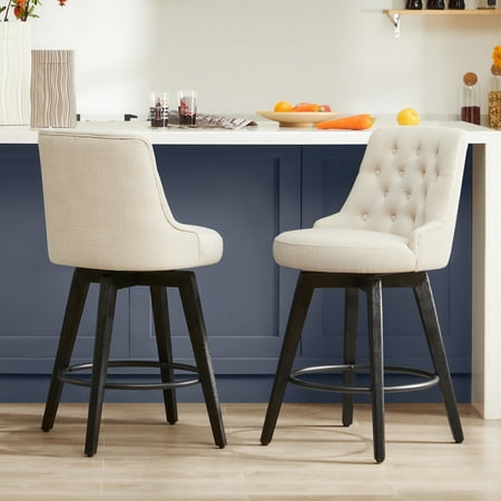 CHITA 26 inch Swivel Upholstered Counter Height Bar Stools with Tufted Back Set of 2, Fabric in Linen