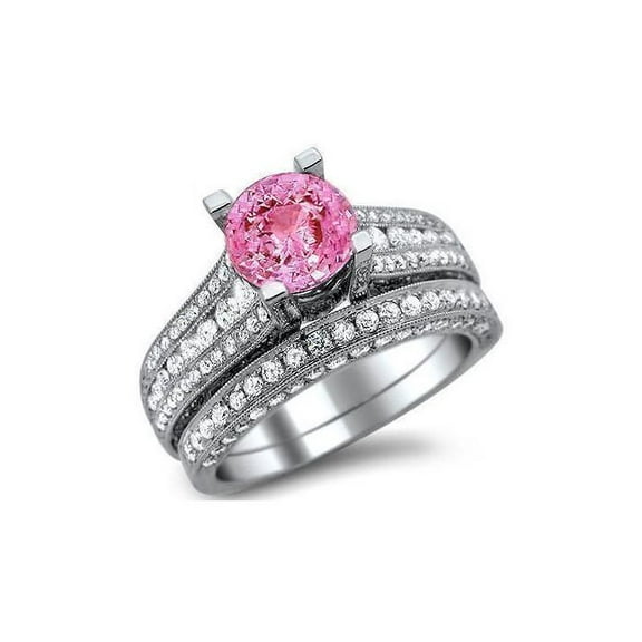 beryl_creation 1.50 Ct Round Cut Pink Sapphire & Diamond Wedding Engagement Bridal Ring Set 14K White Gold Plated 925 Sterling Silver For Women's -8