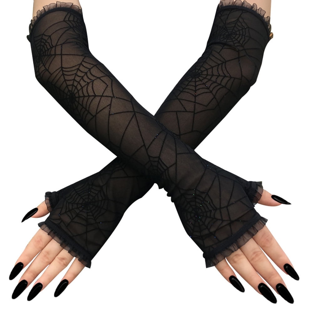 1 Pair of Spider Web Pattern Gloves Cosplay Performance Gloves Half-Finger Mesh Gloves Black