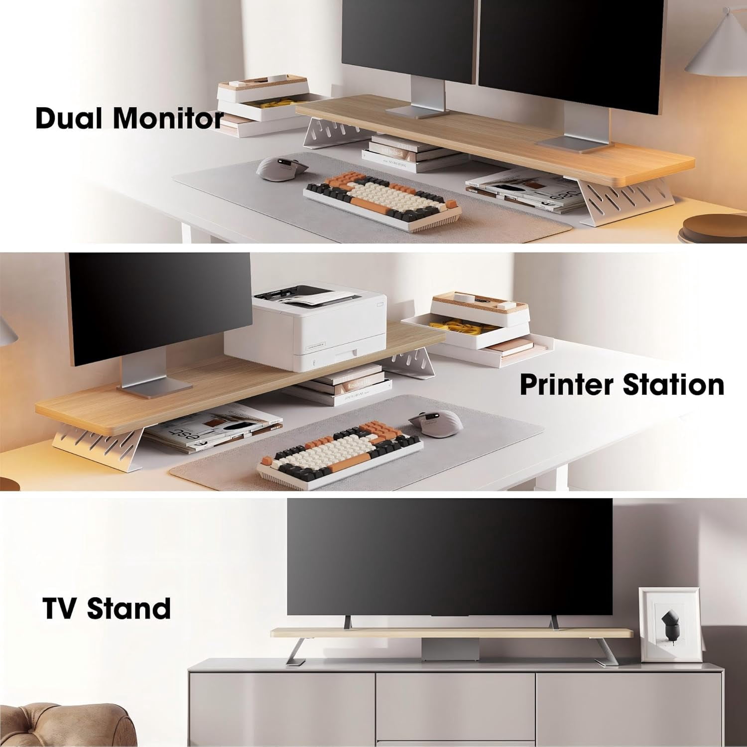 Wood and Steel Dual Monitor Stand Riser for Desktop, Laptop, PC, and Printer