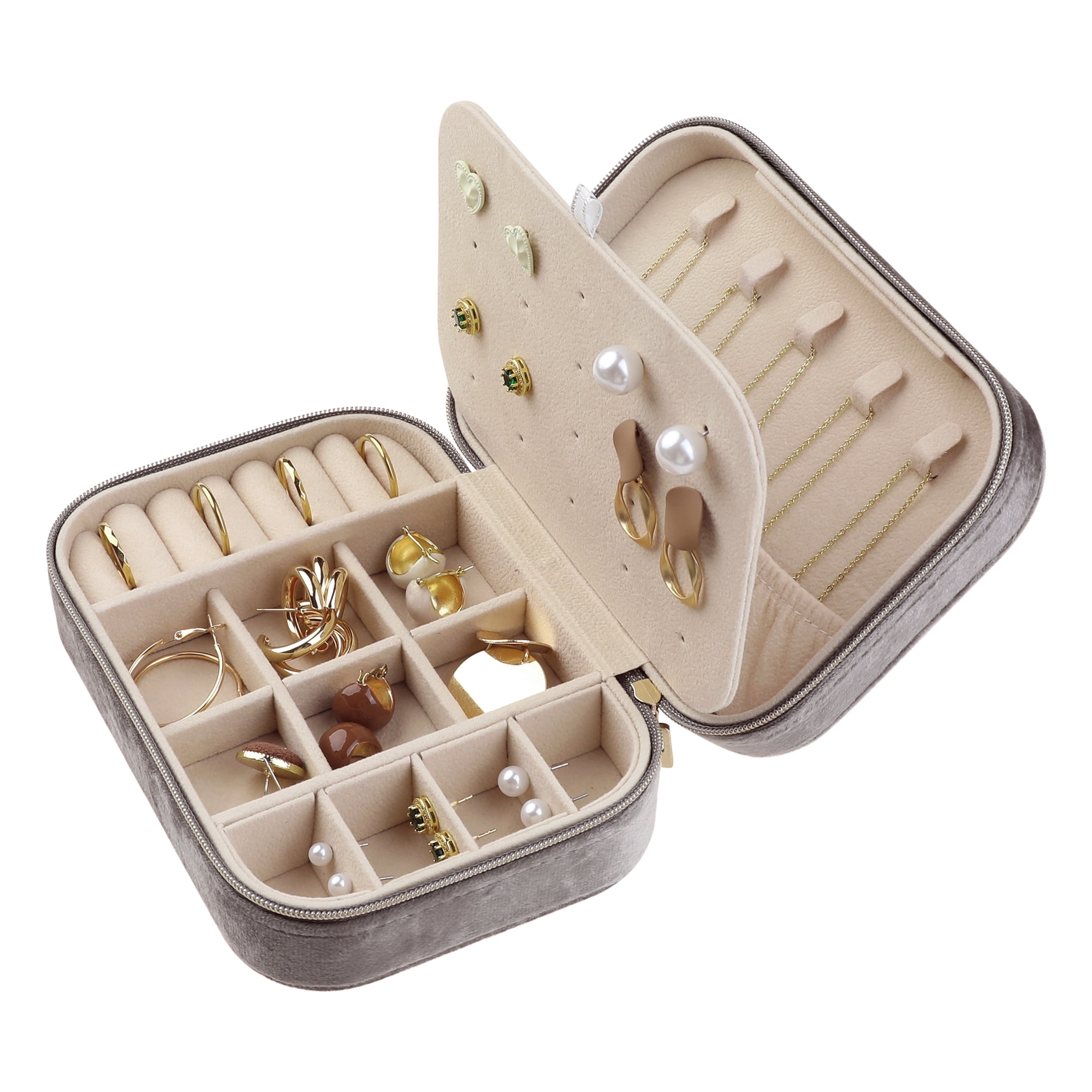 Unique Bargains Travel Jewelry Box Small Portable Plush Velvet Jewelry Organizer Case Gray