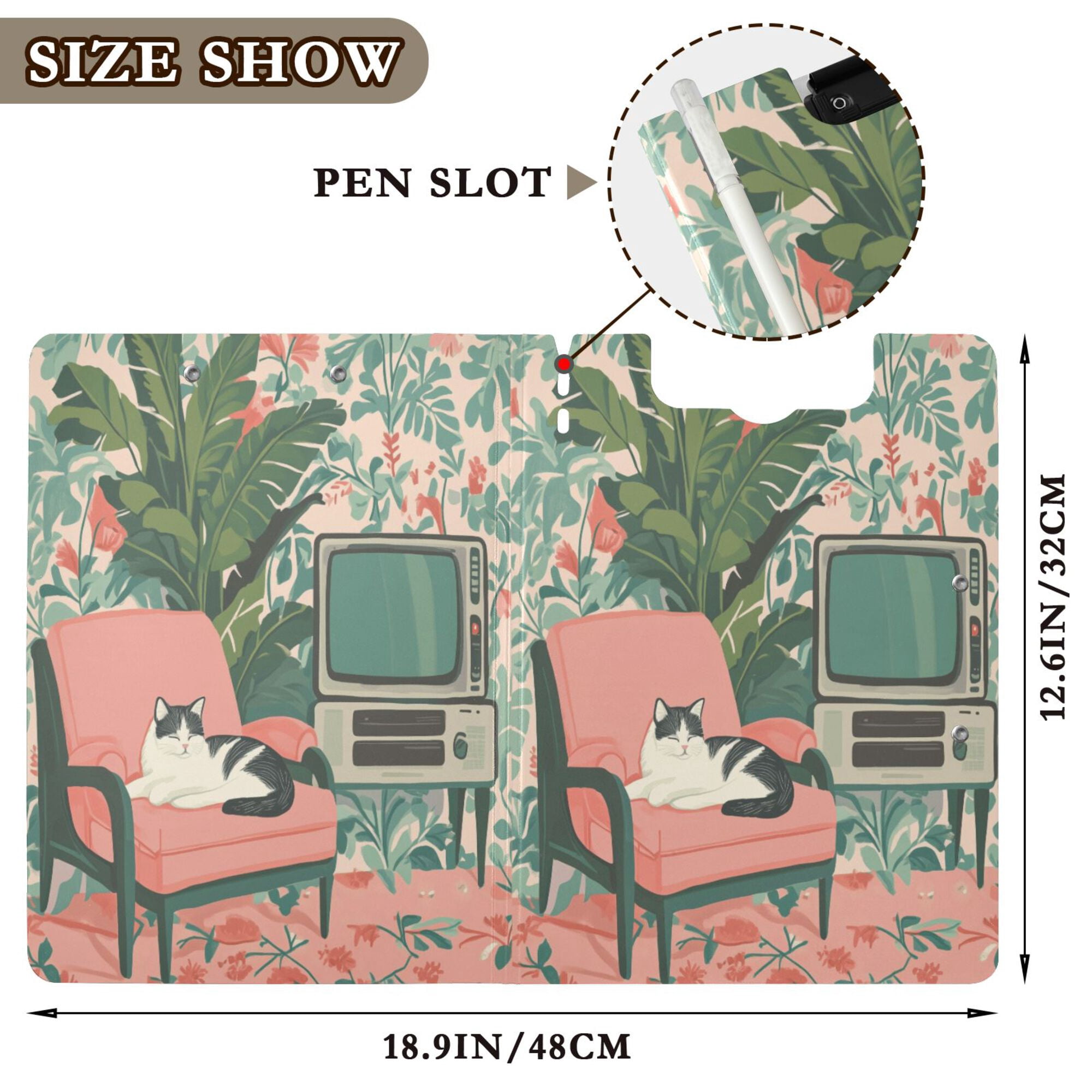 FORMRS A4 Clipboard Folder with Pen Holder Horizontal Foldable School Office Binder, Pink and White Cat